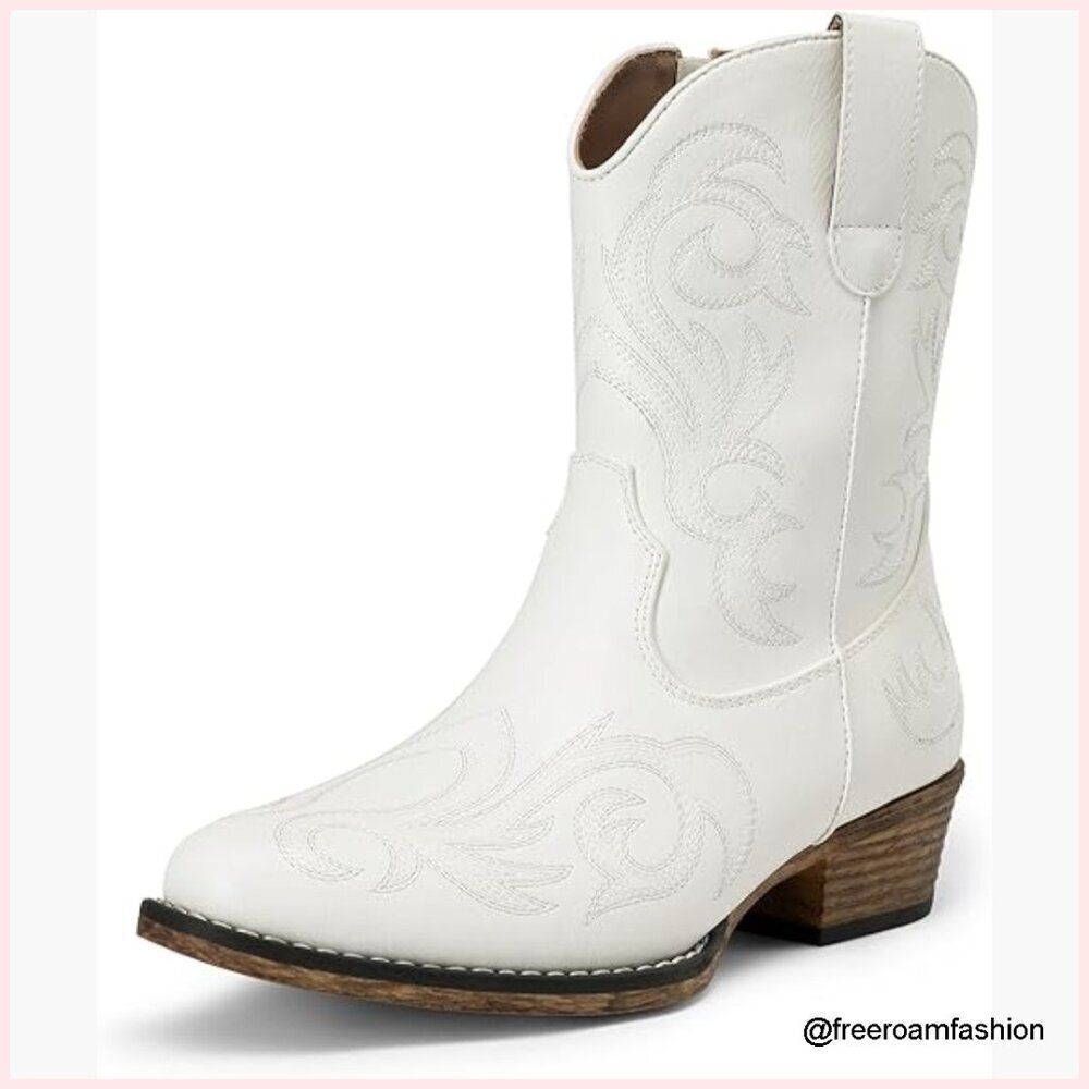 Women's Western Ankle Boots Square Toe Embroidered Chunky Heel Zipper